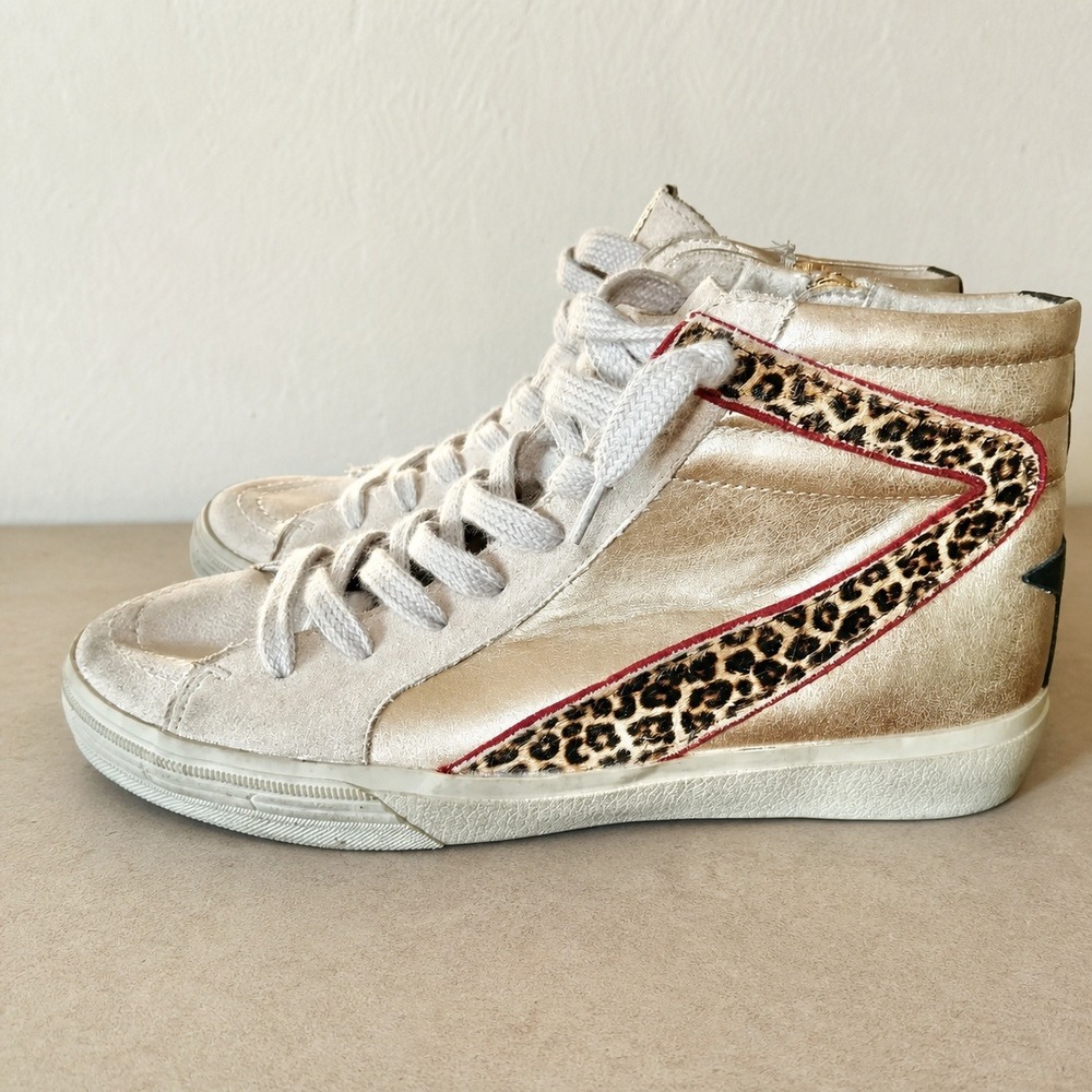 SHU SHOP The Rooney Gold Crinkle High Top Sneaker Leopard Star Women Size 10